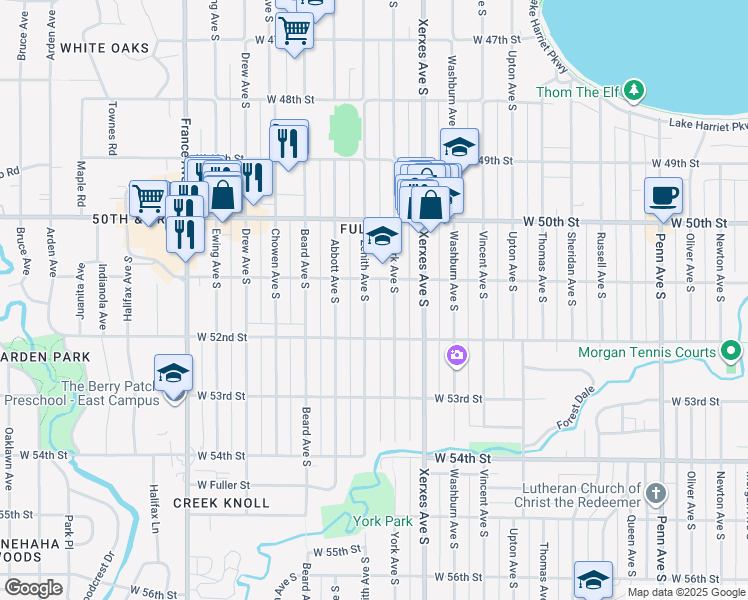 map of restaurants, bars, coffee shops, grocery stores, and more near 5117 Zenith Avenue South in Minneapolis