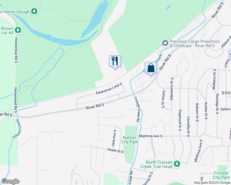 map of restaurants, bars, coffee shops, grocery stores, and more near 2240 Equestrian Loop South in Salem