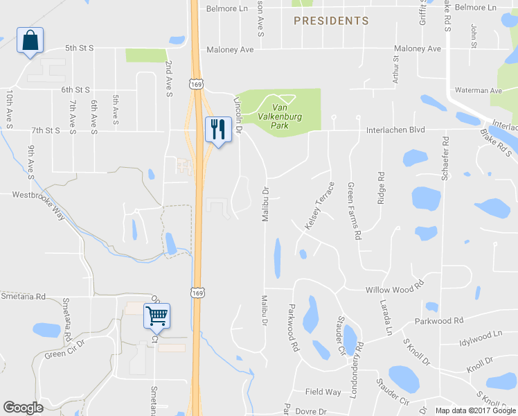 map of restaurants, bars, coffee shops, grocery stores, and more near 5160 Malibu Drive in Minneapolis