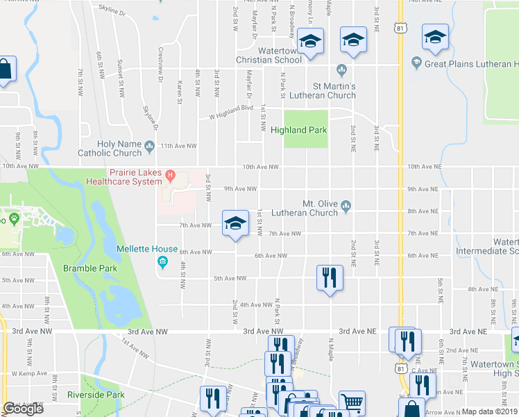 map of restaurants, bars, coffee shops, grocery stores, and more near 802 1st Street Northwest in Watertown