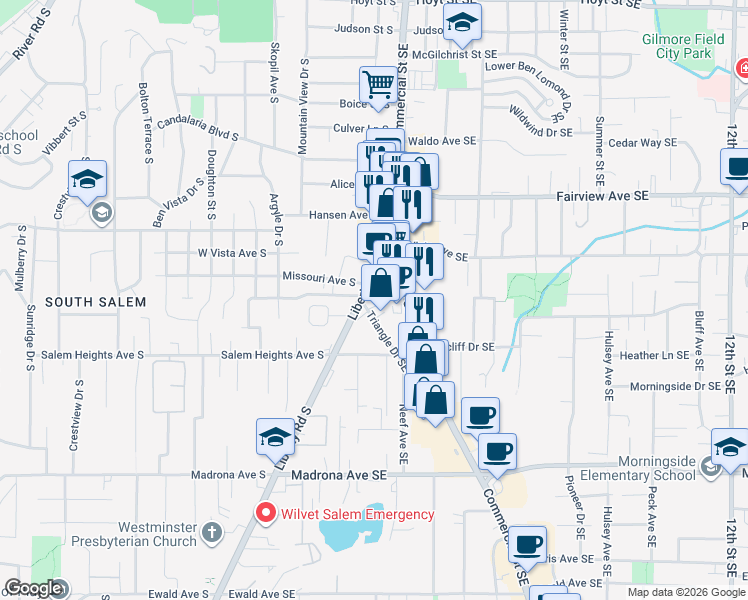 map of restaurants, bars, coffee shops, grocery stores, and more near 3216 Liberty Road South in Salem