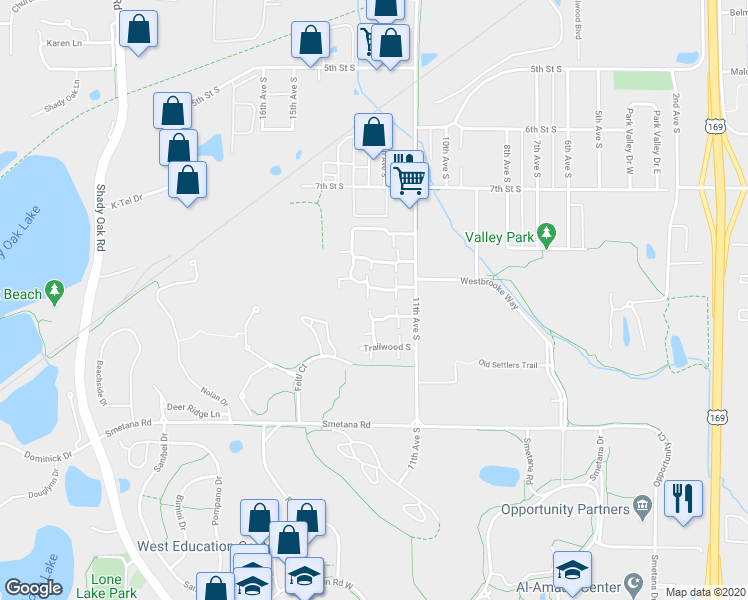 map of restaurants, bars, coffee shops, grocery stores, and more near 1228 Wagon Wheel Road in Hopkins