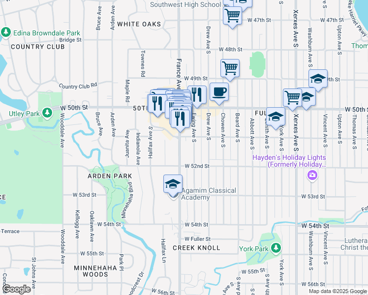 map of restaurants, bars, coffee shops, grocery stores, and more near 5117 France Avenue South in Minneapolis