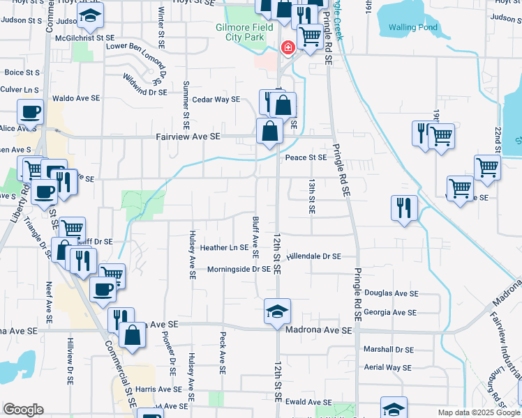 map of restaurants, bars, coffee shops, grocery stores, and more near 3192 Bluff Avenue Southeast in Salem