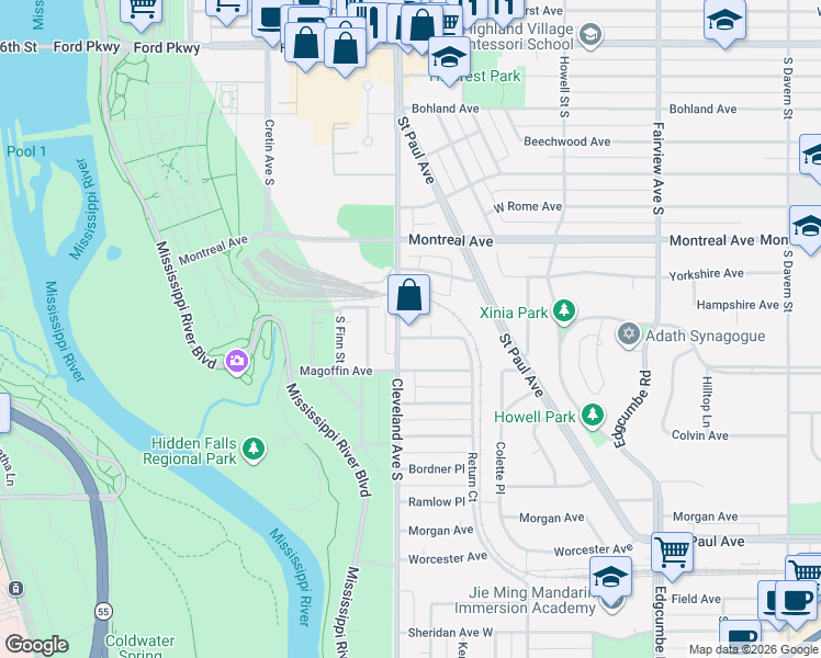 map of restaurants, bars, coffee shops, grocery stores, and more near 1040 Cleveland Avenue South in Saint Paul