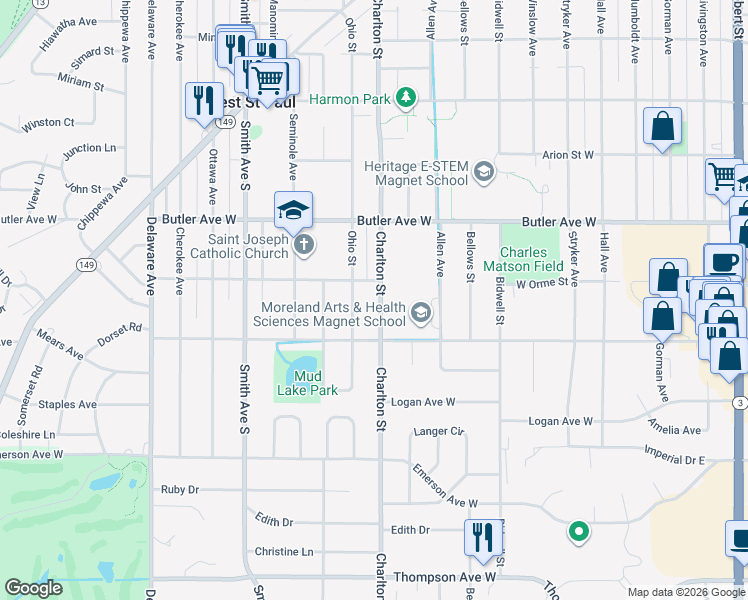 map of restaurants, bars, coffee shops, grocery stores, and more near 1197 Charlton Street in Saint Paul