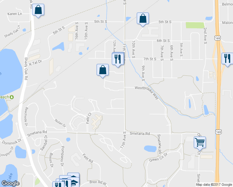 map of restaurants, bars, coffee shops, grocery stores, and more near 1132 Wagon Wheel Road in Hopkins