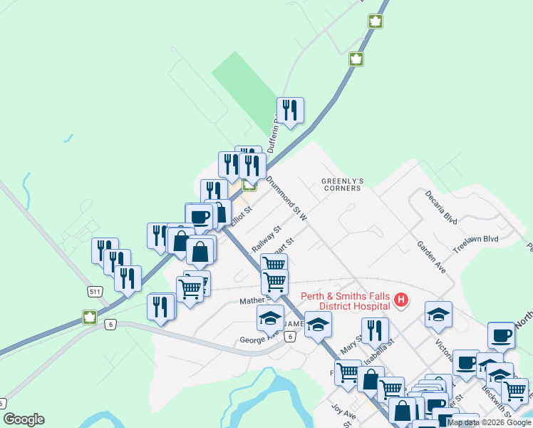 map of restaurants, bars, coffee shops, grocery stores, and more near 9 Welland Street in Perth