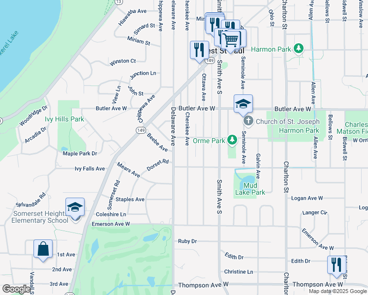 map of restaurants, bars, coffee shops, grocery stores, and more near 1197 Cherokee Avenue in Saint Paul