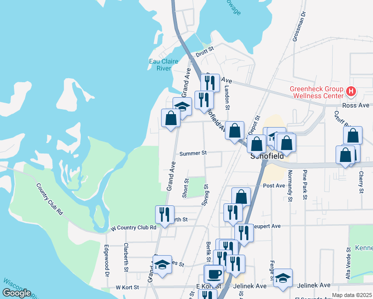 map of restaurants, bars, coffee shops, grocery stores, and more near 112 Summer St in Schofield