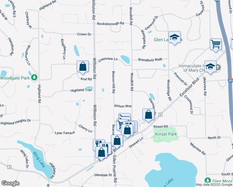 map of restaurants, bars, coffee shops, grocery stores, and more near 5129 Beacon Hill Road in Minnetonka
