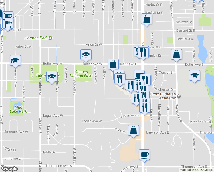 map of restaurants, bars, coffee shops, grocery stores, and more near 1196 Hall Avenue in Saint Paul