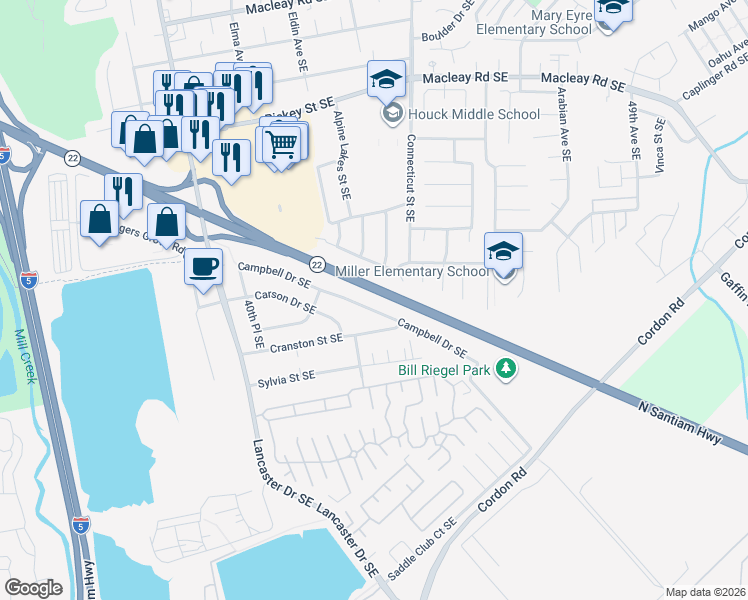 map of restaurants, bars, coffee shops, grocery stores, and more near 4323 Campbell Drive Southeast in Salem