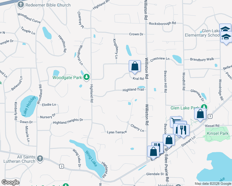 map of restaurants, bars, coffee shops, grocery stores, and more near 15125 Highland Trail in Minnetonka
