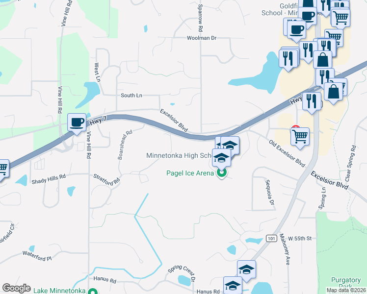 map of restaurants, bars, coffee shops, grocery stores, and more near 18503 Delton Avenue in Minnetonka