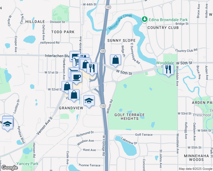 map of restaurants, bars, coffee shops, grocery stores, and more near 4917 Eden Avenue in Minneapolis