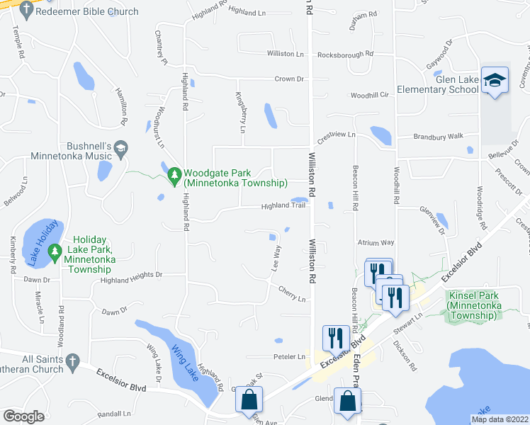 map of restaurants, bars, coffee shops, grocery stores, and more near 15025 Highland Trail in Minnetonka