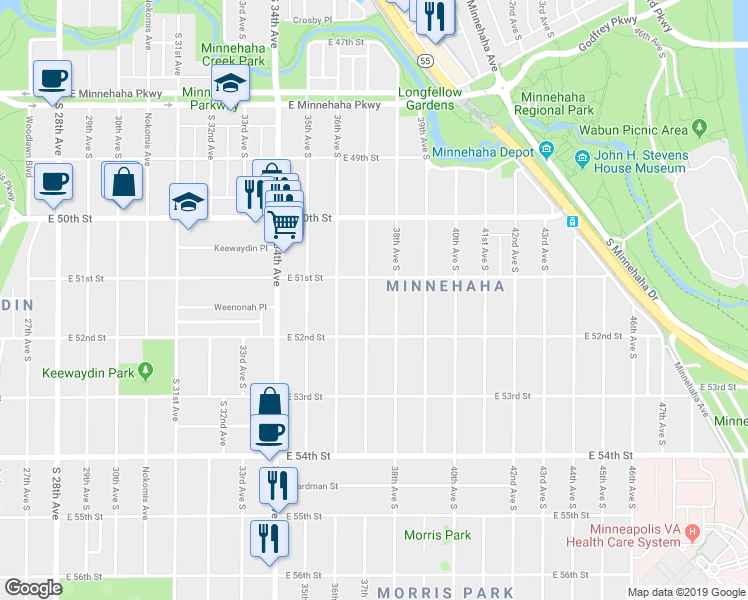 map of restaurants, bars, coffee shops, grocery stores, and more near 5121 37th Avenue South in Minneapolis