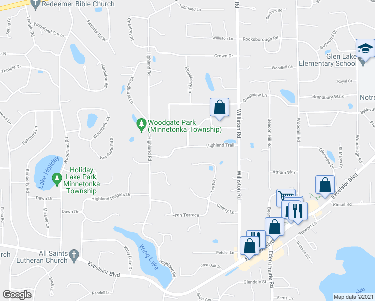 map of restaurants, bars, coffee shops, grocery stores, and more near 15125 Highland Trail in Minnetonka