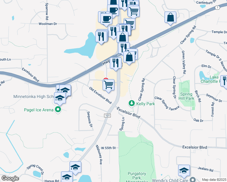 map of restaurants, bars, coffee shops, grocery stores, and more near 5130 County Road 101 in Minnetonka