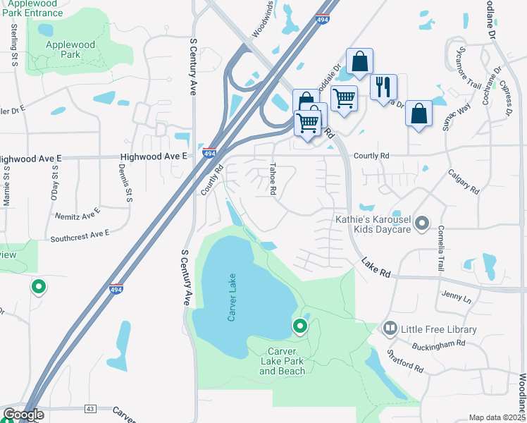map of restaurants, bars, coffee shops, grocery stores, and more near 6271 Tahoe Place in Saint Paul