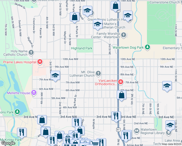 map of restaurants, bars, coffee shops, grocery stores, and more near 803 North Maple in Watertown