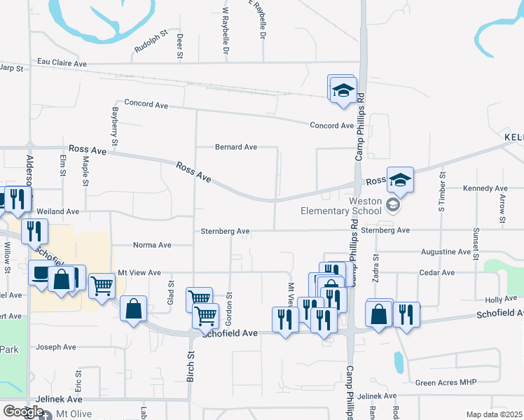 map of restaurants, bars, coffee shops, grocery stores, and more near 3605 Ross Avenue in Schofield