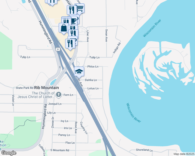 map of restaurants, bars, coffee shops, grocery stores, and more near 152728 Dahlia Lane in Wausau