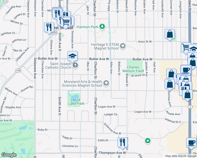 map of restaurants, bars, coffee shops, grocery stores, and more near 1197 Charlton Street in Saint Paul