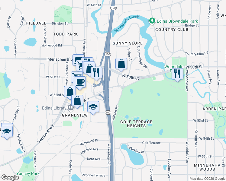 map of restaurants, bars, coffee shops, grocery stores, and more near 4917 Eden Avenue in Minneapolis