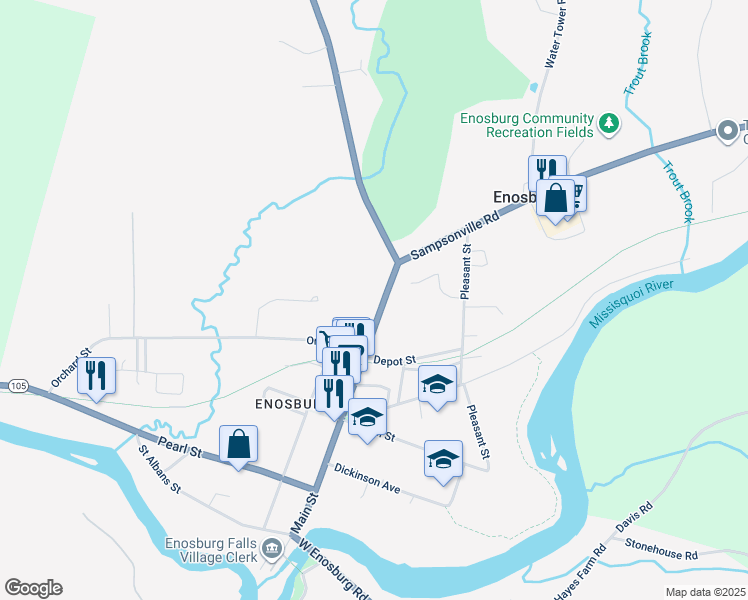 map of restaurants, bars, coffee shops, grocery stores, and more near 523 Main Street in Enosburg
