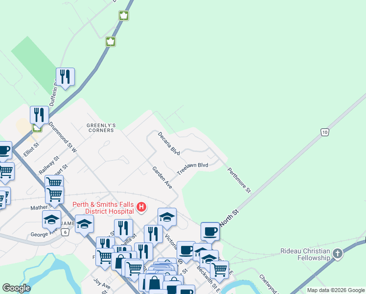 map of restaurants, bars, coffee shops, grocery stores, and more near 25 Decaria Boulevard in Perth