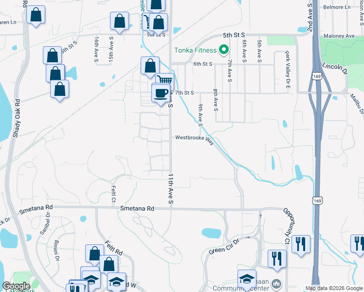 map of restaurants, bars, coffee shops, grocery stores, and more near 1101 Trailwood North in Hopkins