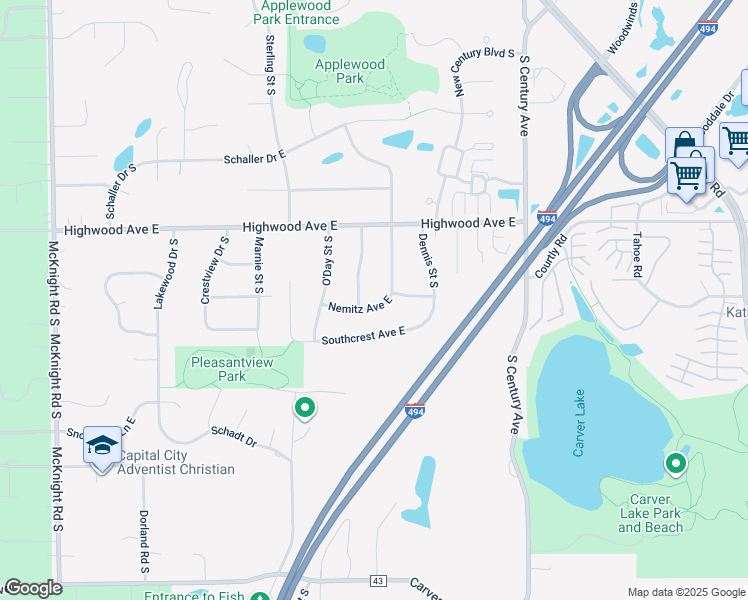 map of restaurants, bars, coffee shops, grocery stores, and more near 2559 Nemitz Avenue East in Maplewood