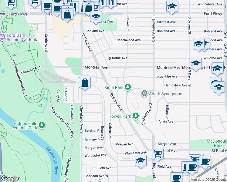 map of restaurants, bars, coffee shops, grocery stores, and more near 1048 Saint Paul Avenue in Saint Paul