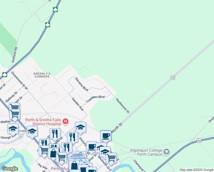 map of restaurants, bars, coffee shops, grocery stores, and more near 21 Perthmore Street in Perth