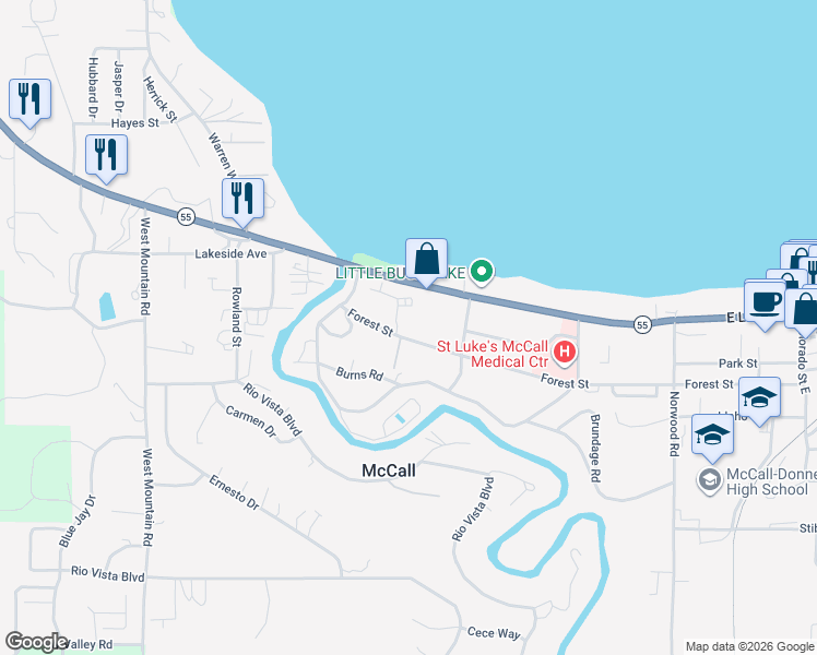 map of restaurants, bars, coffee shops, grocery stores, and more near 311 Forest Street in McCall