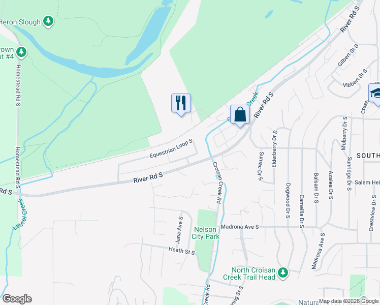 map of restaurants, bars, coffee shops, grocery stores, and more near 2240 Equestrian Loop South in Salem