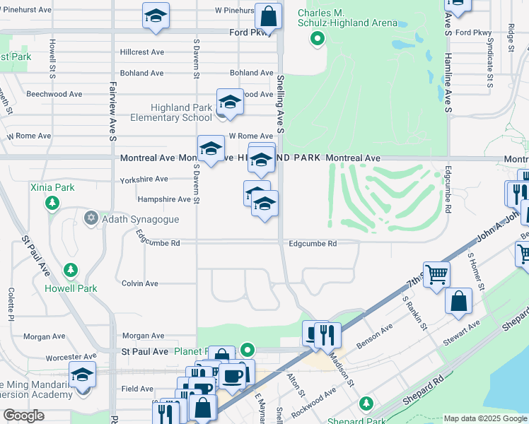 map of restaurants, bars, coffee shops, grocery stores, and more near 1015 Snelling Avenue South in Saint Paul
