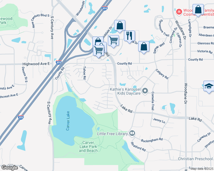 map of restaurants, bars, coffee shops, grocery stores, and more near 6439 Tahoe Road in Woodbury