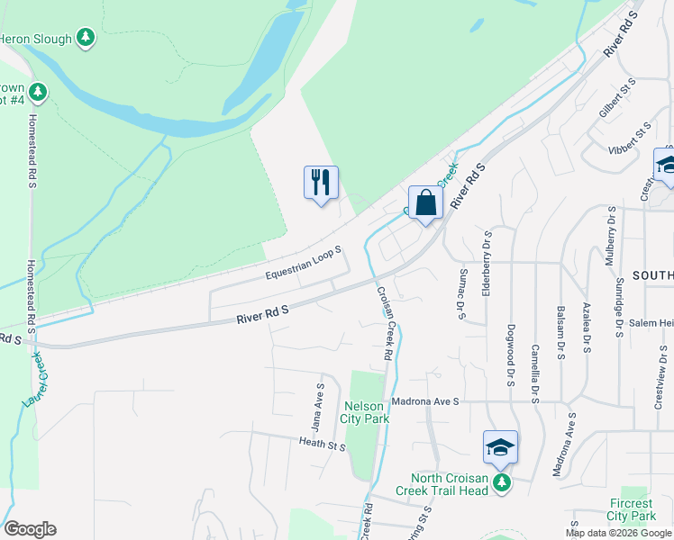 map of restaurants, bars, coffee shops, grocery stores, and more near 2264 Equestrian Loop South in Salem