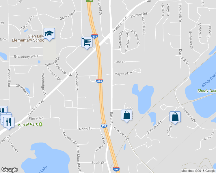 map of restaurants, bars, coffee shops, grocery stores, and more near 5124 Baker Road in Hopkins
