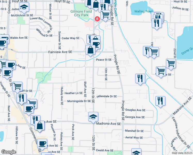 map of restaurants, bars, coffee shops, grocery stores, and more near 1263 Woodacre Drive Southeast in Salem