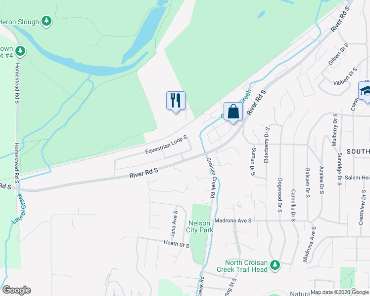 map of restaurants, bars, coffee shops, grocery stores, and more near 2240 Equestrian Loop South in Salem