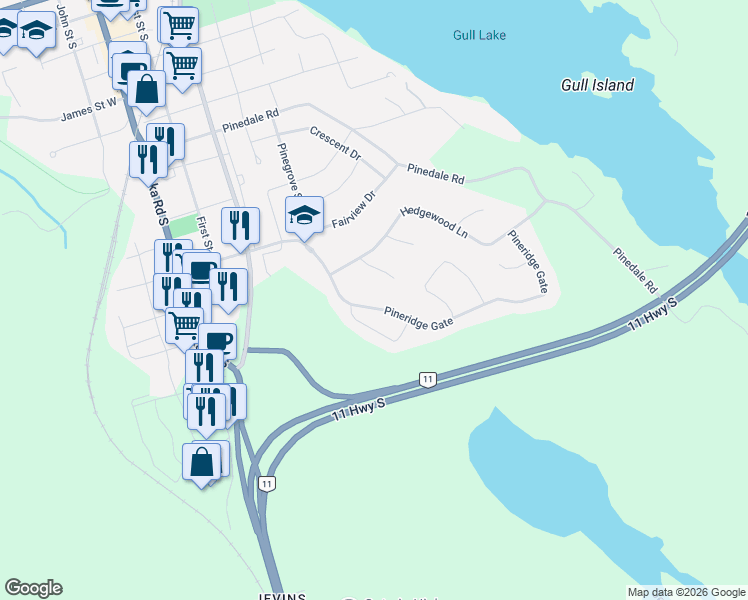 map of restaurants, bars, coffee shops, grocery stores, and more near 60 Pineridge Gate in Gravenhurst