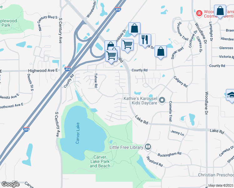 map of restaurants, bars, coffee shops, grocery stores, and more near 6439 Tahoe Road in Woodbury