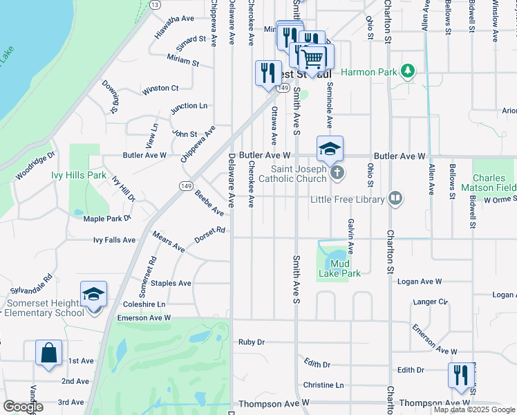 map of restaurants, bars, coffee shops, grocery stores, and more near 1201 Ottawa Avenue in West Saint Paul