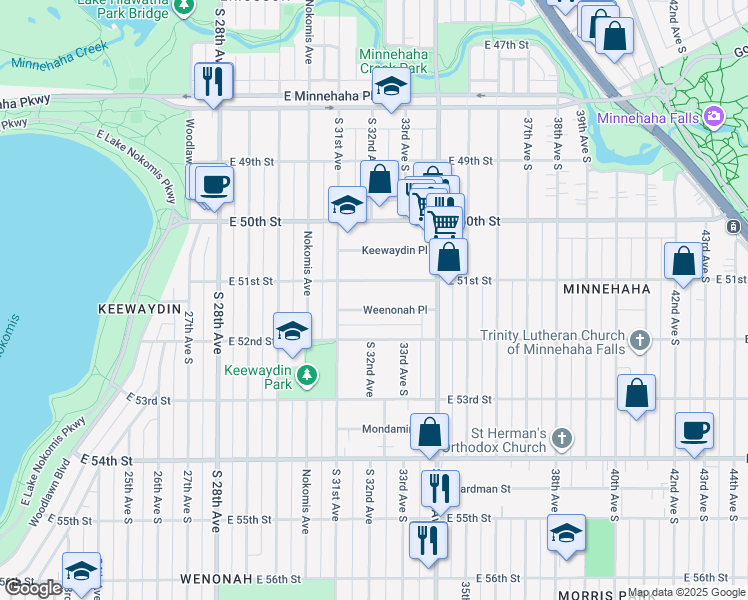 map of restaurants, bars, coffee shops, grocery stores, and more near 3218 Weenonah Place in Minneapolis