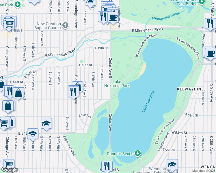 map of restaurants, bars, coffee shops, grocery stores, and more near 5120 Cedar Avenue in Minneapolis