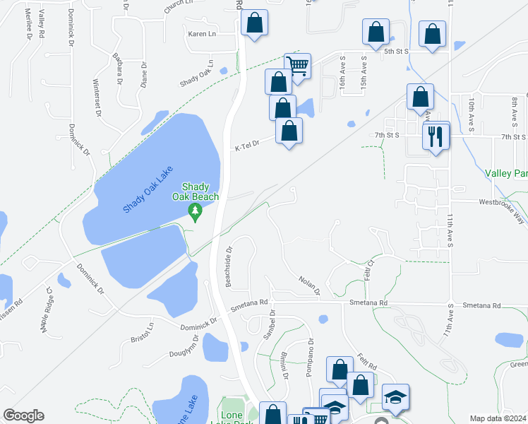 map of restaurants, bars, coffee shops, grocery stores, and more near 5305 Beachside Drive in Hopkins